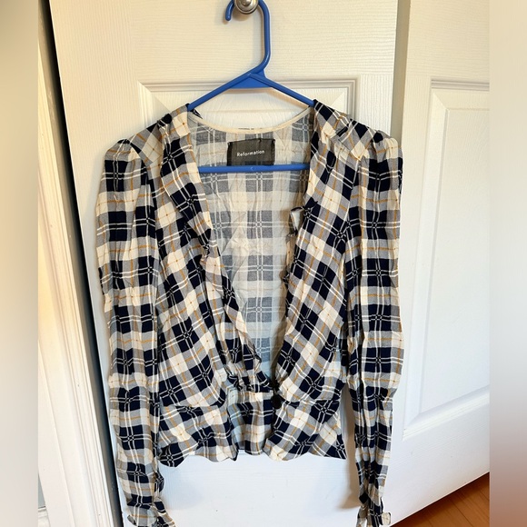Reformation Lee Wrap Top In Navy Tartan Plaid Long Sleeve Ruffle Blouse - Picture 2 of 5